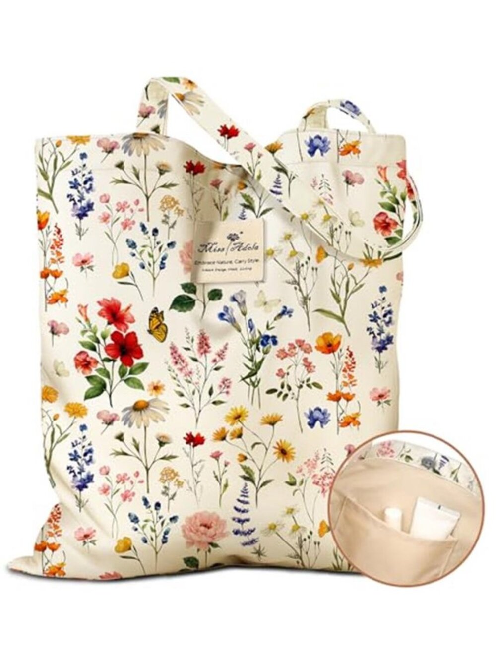Wildflower Print Canvas Tote Bag Cottagecore Floral Shoulder Bag